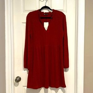 NWT Zara Rust Red Textured Babydoll Dress Keyhole Neck Long Sleeve